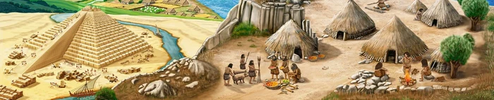 INCEPTUM concept art showing a civilization’s growth from an early settlement of thatched huts to pyramid construction.