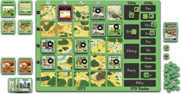 An INCEPTUM City Board with Buildings and Population Tokens in play.