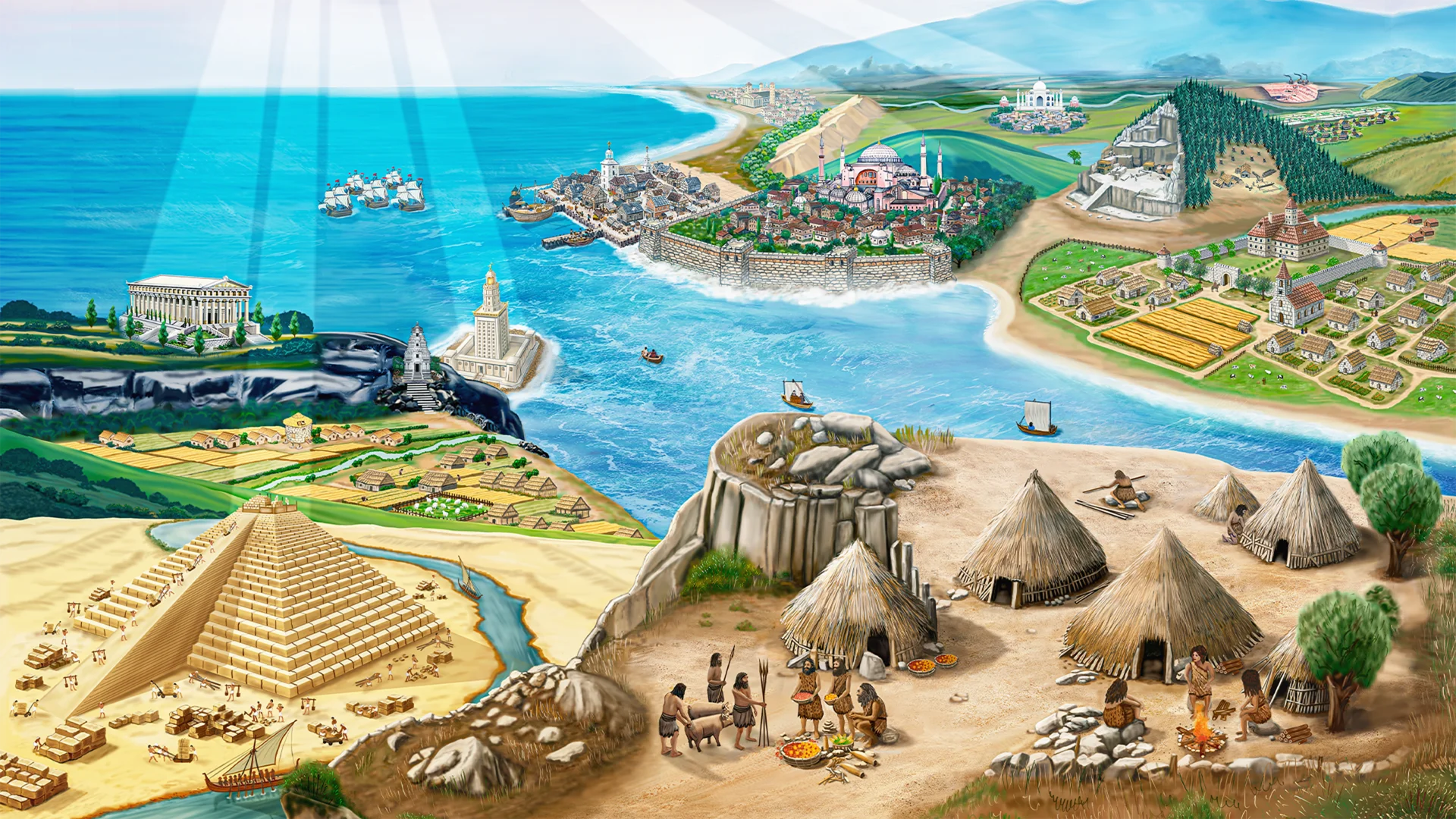 INCEPTUM: Dawn of Civilizations key art, showing a civilization's growth from early settlement to Wonders.